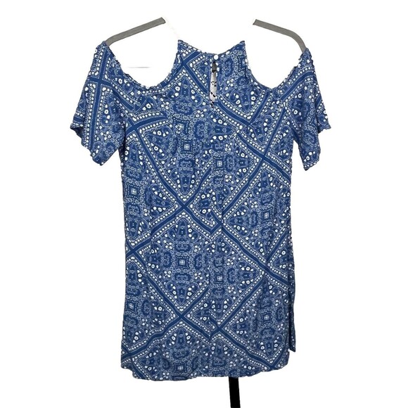 Speechless Top Crochet Tunic Cold Shoulder Blue White Large Boho Hippie Romantic - Picture 3 of 4